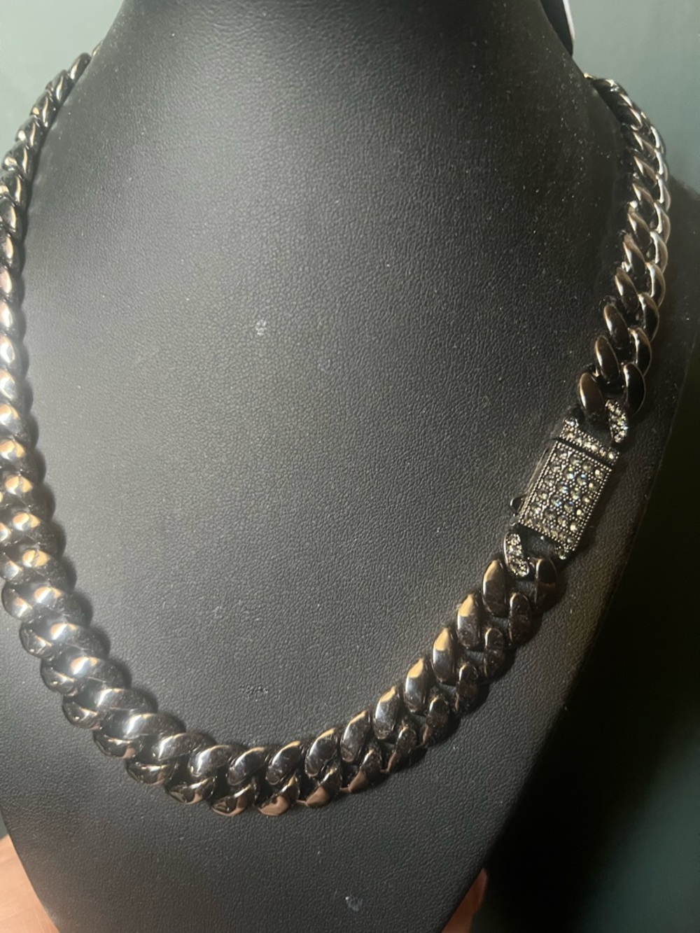 Black Cuban Link Chain Necklace with Pavé Clasp - Picture 4 of 4
